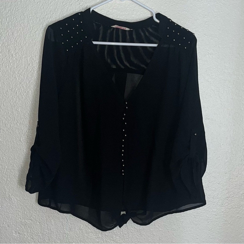 Annabelle Blouse Semi Sheer Beaded‎ Dressy Black 3/4 Sleeve Size Large EUC